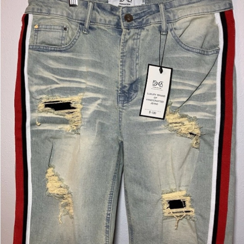 DNA Couture Distressed Jean Shorts Red and White Stripes Ripped Holes NWT ($120)